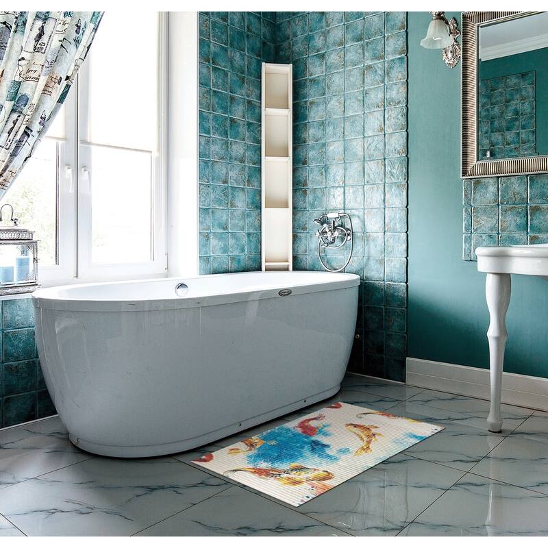 Dundee Deco Koi Fish Bathroom Mat 31" x 26" White Waterproof NonSlip